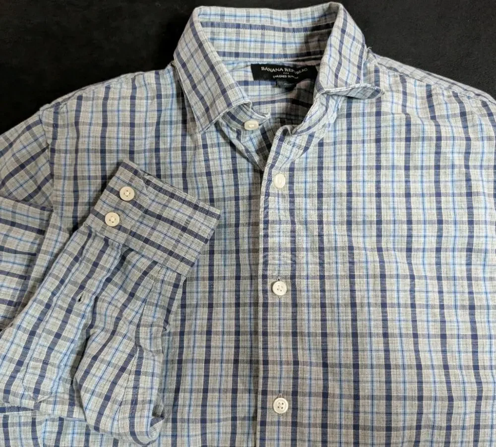 Banana Republic Men's Small Plaid Non Iron Tailored Dress Shirt Slim 100% Cotton